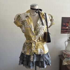 Yellow patchwork cap sleeve button blouse
